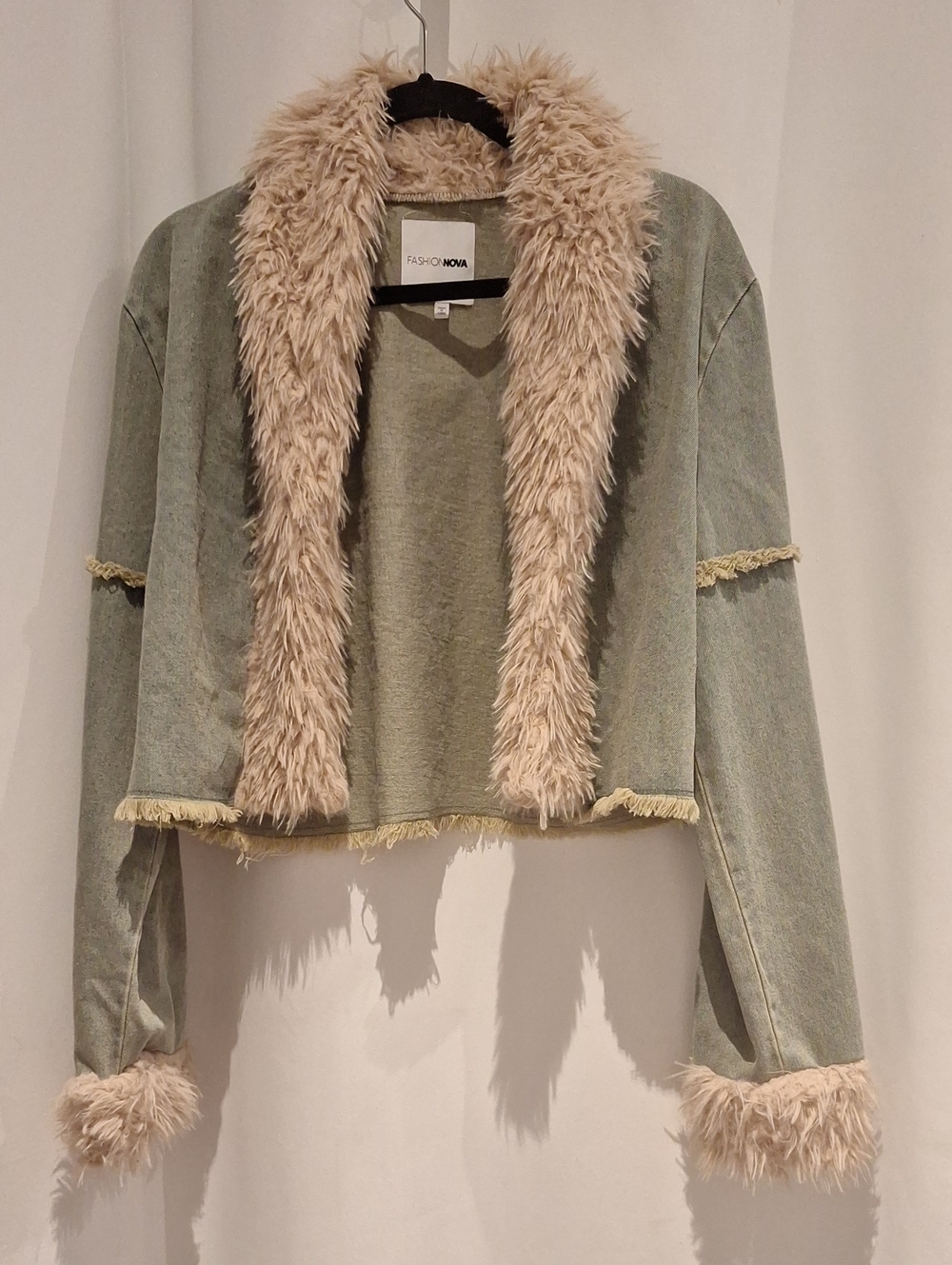 Fashion Nova Sage Green Cropped  Penny Lane Jacket with Cream Faux Fur Trim